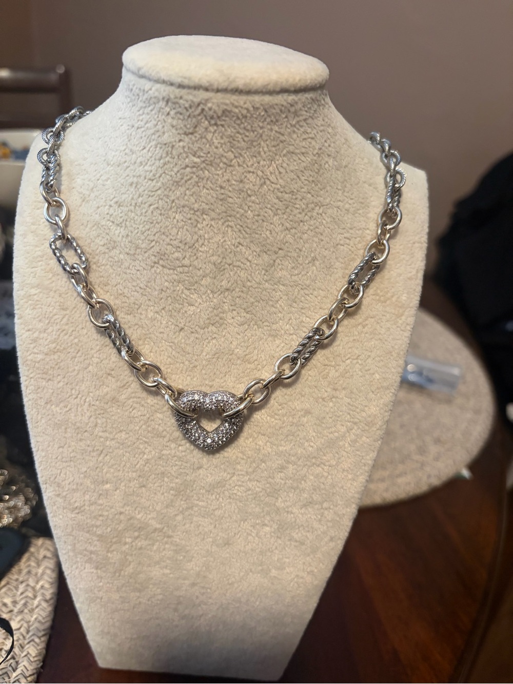 Pavé Heart Link Necklace in Silver/Gold Tones